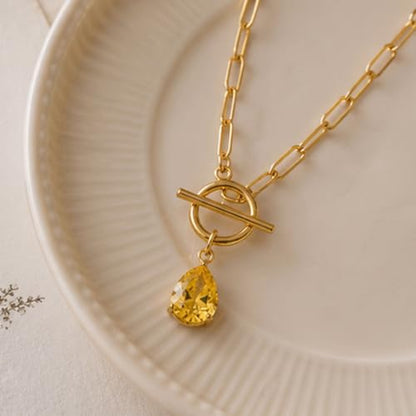 Teardrop CZ Pendant Paperclip Chain Necklace 18K Plated Paperclip Toggle Necklace Jewelry Birthstone Gift for Women - color: Citrine-November