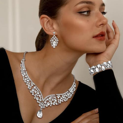 IRONBOX Crystal Wedding Bridal Jewelry Set for Women Prom Sliver Rhinestone Teardrop Necklace Earrings Bracelet Wedding Bridesmaid Gifts Fit with Wedding Dress