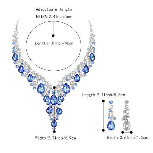 Wedding Bridal Necklace Earrings Jewelry Set for Women | Gorgeous Austrian Crystal Teardrop Flower Cluster for Bridal Bride Bridesmaid - color: 2Pcs-Navy Blue Silver-Tone