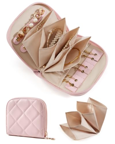 BAGSMART Travel Jewelry Case, Leather Zip for Rings Necklaces | Removable inner pocket, 3 tangle-free clips, 1 elastic pocket, 2 leather snap straps for rings/earrings - color: 2-Baby Pink, size: Small