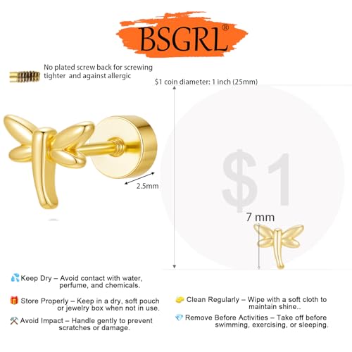 Flat Back Earrings for Women Cartilage Helix | Comfortable Dainty Cute Dragon Bee Bird Phoenix Dragonfly Cute Animal Leaf Spiral Rhombus Design Flatback Stud Earrings - color: Gold Dragonfly