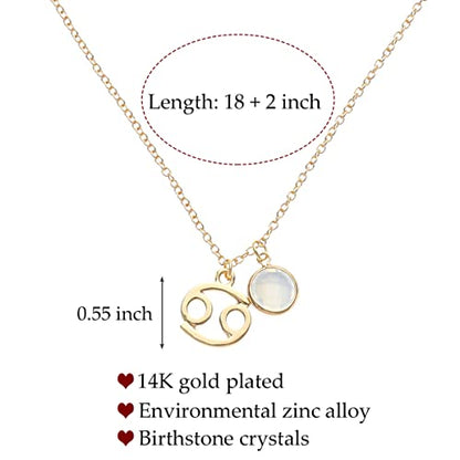 14k Gold Plated Zodiac Birthstone Crystal Pendant Necklace, Horoscope Sign Charm Necklace for Women Birthday Gift - color: Cancer-June