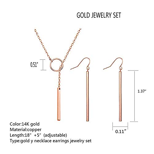 Dcfywl731 Minimal Dainty Gold Plated Dangle Earrings Layered Bar Pendant Neckalce Gold Long Y-Necklace Gold Earrings and Necklaces Set Delicate Lariat Chain Jewelry for Women - color: C1: rose gold jewelry set