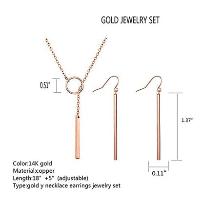 Dcfywl731 Minimal Dainty Gold Plated Dangle Earrings Layered Bar Pendant Neckalce Gold Long Y-Necklace Gold Earrings and Necklaces Set Delicate Lariat Chain Jewelry for Women - color: C1: rose gold jewelry set