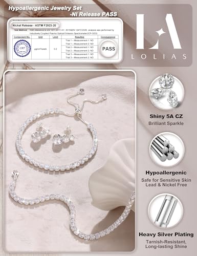 LOLIAS Silver Jewelry Set for Women Tennis Necklace Bracelet Hypoallergenic | Wedding Jewelry Sets for Brides Bridemaid,Costume Party Prom Accessories,Chockers Necklace CZ Tennis Bracelet Earrings Studs - style: Tennis Necklaces Bracelet+Graduated Drop Ea