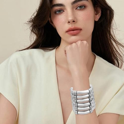 YBMYCM 5PCS Gold Chunky Bangles Bracelets for Women | 14k Gold Plated Stackable Layered Curved Bamboo Tube Stretch Bracelets Bangle Gift Jewelry - color: 6pcs Silver