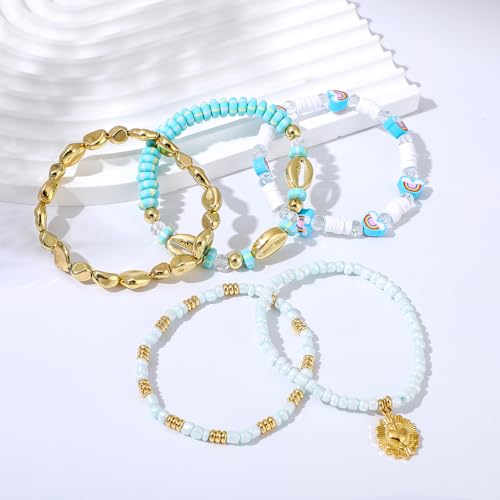LALAPPLE Shell Bracelet Boho Beaded Stretch Bracelets for Women Seashell Strand Bracelets Starfish Charm Jewelry Summer Beach Jewelry Stackable Crystal Gold Plated Beads Bracelet for Women - style: T-Song of the Clouds