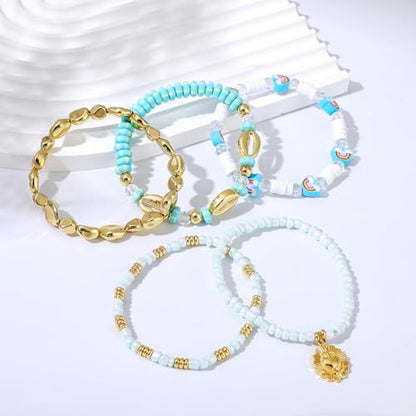 LALAPPLE Shell Bracelet Boho Beaded Stretch Bracelets for Women Seashell Strand Bracelets Starfish Charm Jewelry Summer Beach Jewelry Stackable Crystal Gold Plated Beads Bracelet for Women - style: T-Song of the Clouds