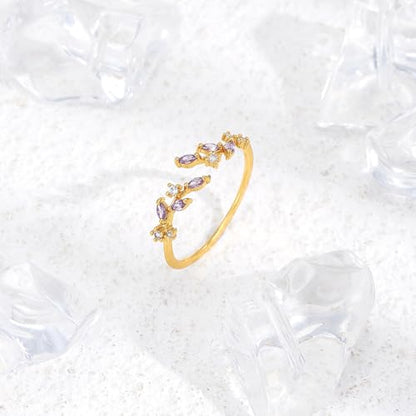 Gold Rings Non Tarnish Silver Adjustable Rings for Women Cubic Zirconia Leaf Ring Dainty Silver Stackable Ring for Women - style: purple