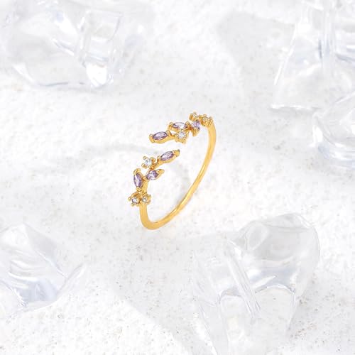 Gold Rings Non Tarnish Silver Adjustable Rings for Women Cubic Zirconia Leaf Ring Dainty Silver Stackable Ring for Women - style: purple