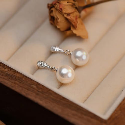 Double Pearl Drop Earrings for Women 925 Sterling Silver | 18k Gold Plated Big Large Pearl Dangle Earrings Pearl Dangling Stud Earring Bridal Wedding Jewelry Birthday Gifts for Mom - color: H-Silver
