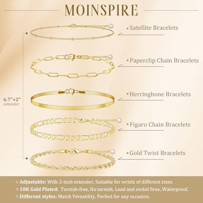 MOINSPIRE Bracelets for Women Non Tarnish, Dainty 18K Gold Plated Bracelets Stack Trendy Waterproof Stackable Bangles, Cuban Link Paperclip Chain Jewelry Set Fashion Accessories Gifts for Women - color: A3-Gold 5pc Bracelets