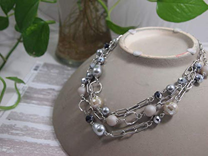 Multi Strand layered Frosted Multi Layer Mother of Pearl Statement Chunky Pastel Pearl Necklace June Birthday Gift - style: Stainless Steel