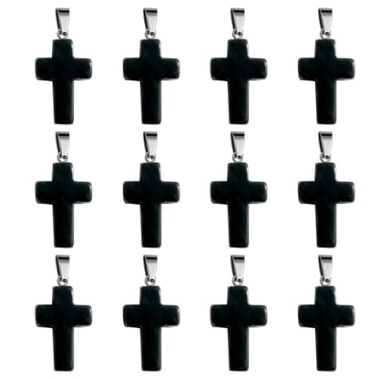 12PCS Natural Stone Cross Pendant Gemstone Charms Bulk for Jewelry Making | Healing Crystal Quartz Chakra Reiki Gemstone Pendants Charms Bulk for Necklace Craft - color: Obsidian Cross