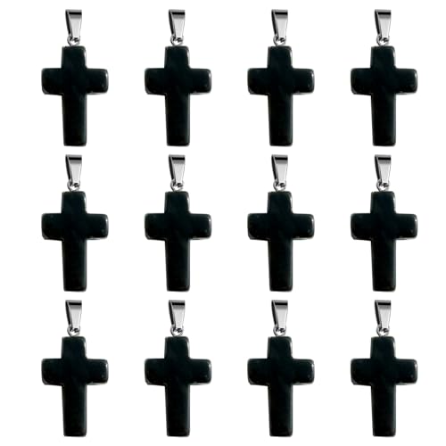 12PCS Natural Stone Cross Pendant Gemstone Charms Bulk for Jewelry Making | Healing Crystal Quartz Chakra Reiki Gemstone Pendants Charms Bulk for Necklace Craft - color: Obsidian Cross