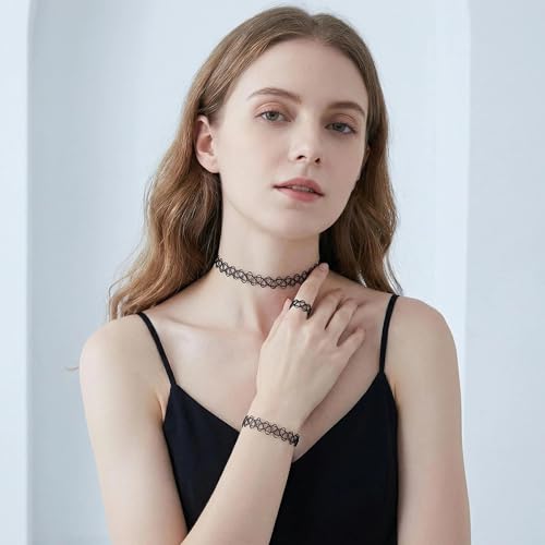 12PC Tattoo Choker Necklace Set- 90s Accessories 2000s Jewelry Fashion- Rainbow Goth Black White Blue Green Pink - Adjustable Stretchy Elastic Necklace for Women - color: black-9p