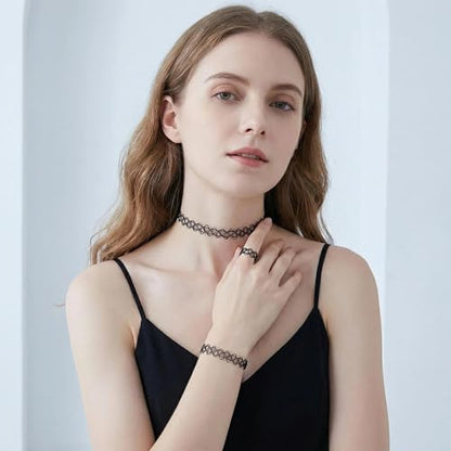 12PC Tattoo Choker Necklace Set- 90s Accessories 2000s Jewelry Fashion- Rainbow Goth Black White Blue Green Pink - Adjustable Stretchy Elastic Necklace for Women - color: black-9p