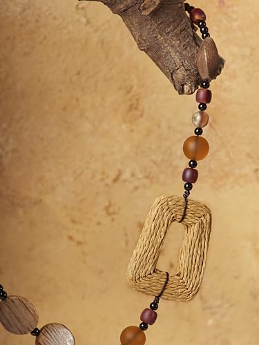 MINACHI Handmade Braided Necklace for Women, Wooden Beads, Rattan Charm, Vintage Style, Gift Jewelry - style: Necklace R21-034