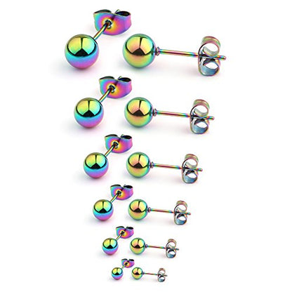 20G Stainless Steel Ball Stud Earrings for Men Women Round 3-8mm 6Pairs - color: 6Pairs - Rainbow
