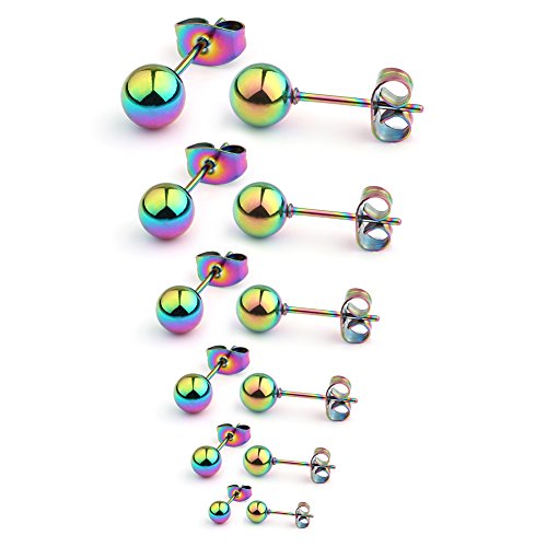 20G Stainless Steel Ball Stud Earrings for Men Women Round 3-8mm 6Pairs - color: 6Pairs - Rainbow