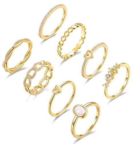 PLOMFOV 14K Gold/Silver Plated Stacking Rings Set for Women Non Tarnish CZ Heart Simple Cute Stackable Rings Dainty Trendy Gold Statement Rings Plain Band Size 4-12 - color: Gold Tone