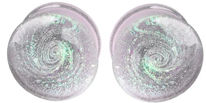 Sparkle Galaxy Double Flared Glass Plugs - color: Pink, size: 16mm