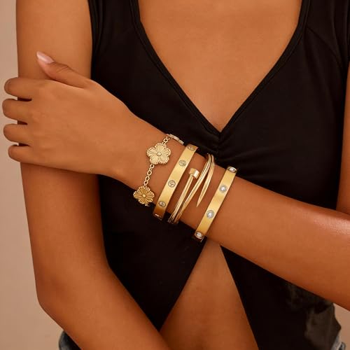 Stackable Gold Bracelets for Women - 4 Sets, 18K Gold Plated Bracelets, Stainless Steel Bangle Bracelets Non-Tarnish, Stylish Gold Jewelry Ensemble, Valentine's Day, Birthday and Christmas Jewelry Gifts - color: A3-(Gold 4Sets)