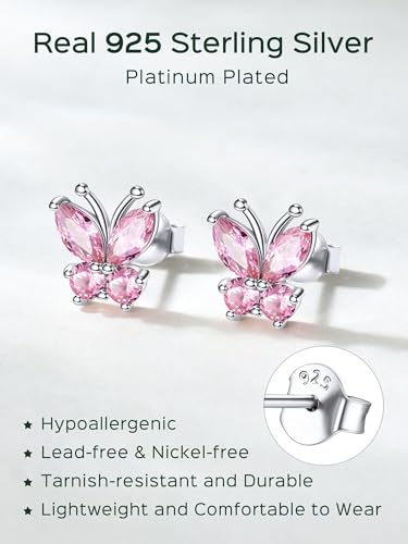 ChicSilver 925 Sterling Silver Bow/Butterfly Earrings for Women Hypoallergenic Birthstone Earrings Dainty Bow/Butterfly Jewelry Gift for Women - color: Butterfly-October-Tourmaline