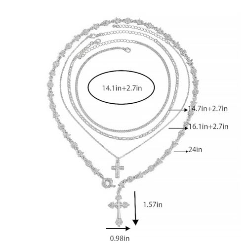 Silvery Layered Necklace for Women, Y Necklace with Cross Pendant, Dainty Stackable Jewelry Gift for Everyday Wear - style: 4PCS - Cuban Chain&Paper clip chain&Cross&Cross Flower Chain