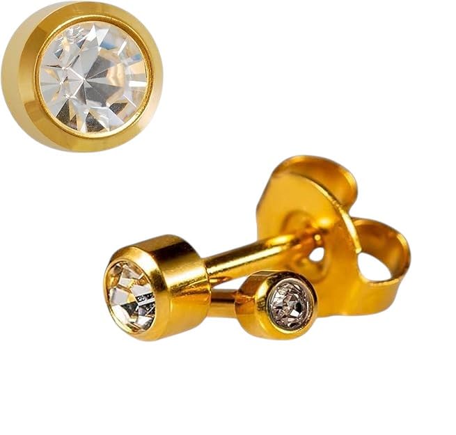 Caflon April Birthstone Stud Earrings - 12 Pairs Clear Crystal Studs, 3/4/5mm | Surgical Steel Starter & Piercing Studs, Sterilized & Individually Sealed | Hypoallergenic Nickel-Safe for Newly Pierced & Sensitive Ears - color: 24K Gold Plated, size: 5mm