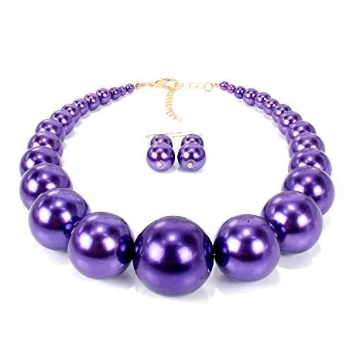 Large Style Big Imitate Pearl Strand Choker Necklace With Earrings Set - color: purple