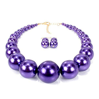 Large Style Big Imitate Pearl Strand Choker Necklace With Earrings Set - color: purple