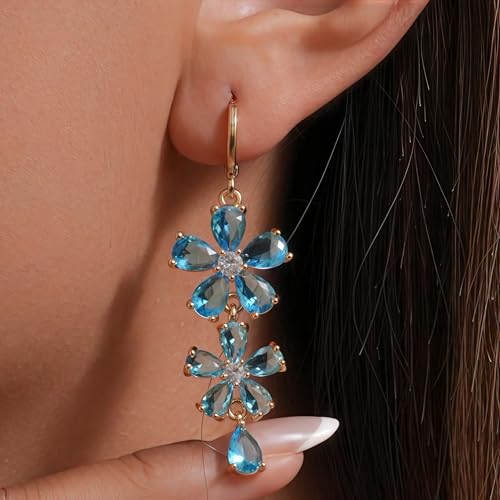18K Gold Plated Flower Dangle Earrings for Women, Hypoallergenic Cubic Zirconia Earrings, Elegant CZ Drop Earrings, Statement Jewelry Gifts Party Fashion - style: Flower-Blue