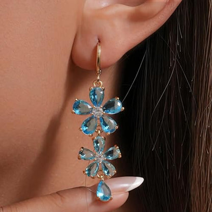 18K Gold Plated Flower Dangle Earrings for Women, Hypoallergenic Cubic Zirconia Earrings, Elegant CZ Drop Earrings, Statement Jewelry Gifts Party Fashion - style: Flower-Blue