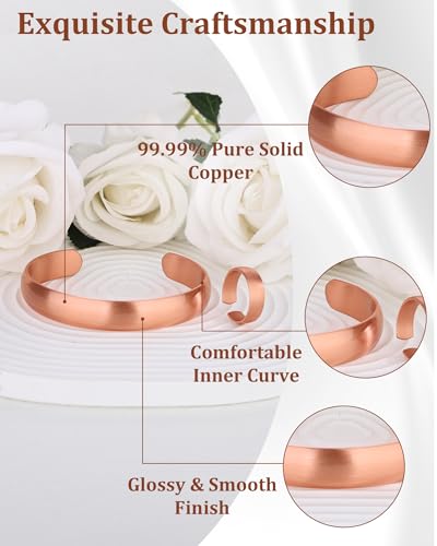 BioMag Pure Copper Bracelet & Ring for Women Men, 99.99% Solid Handmade Copper Cuff Bangle, Adjustable Jewelry Gift with Gift Box - color: Rose Gold (Shine)