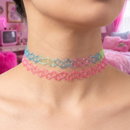 PAGOW Tattoo Choker Set, Stretchy 90s Choker Necklace, Adjustable Retro Y2K Gothic Grunge Chokers Jewelry Accessories - color: Black,Pink,Colorful,12 Pcs