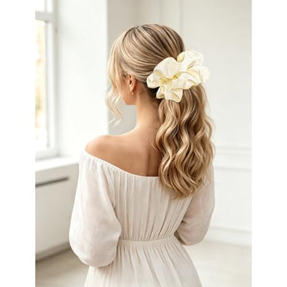 2 PCS Black Beige Jumbo Satin Silky Scrunchies 6.5 Inches Oversized Scrunchie Extra Large Big Hair Ties Ponytail Holder for Thick Curly Hair Women (Black, Beige) - color: Black, Cream