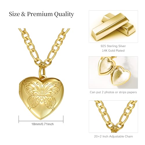 TUGHRA Mother's Day Gifts Gold Locket Necklaces for Women, 925 Sterling Silver Heart Photo Lockets Memorial Keepsake Jewelry Gift for Mom, Wife, Daughter - style: 1226-Butterfly