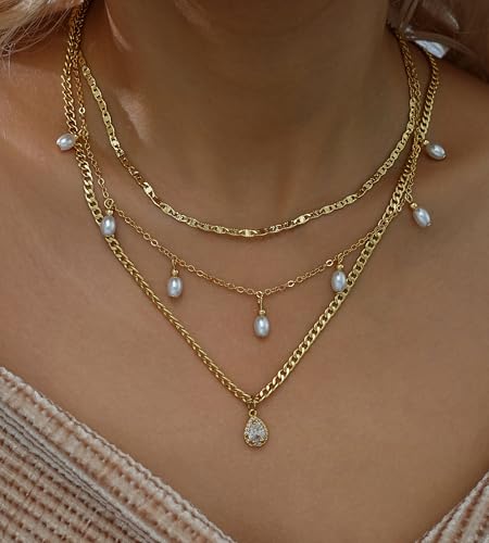YEEZII Layered Gold Necklaces for Women Trendy, 3 Pcs 14K Gold Plated Choker Paperclip Box Chain Necklace, Stackable Women's Gold Pendant Necklaces Jewelry Set - color: Gold-3 Pcs-Pearl
