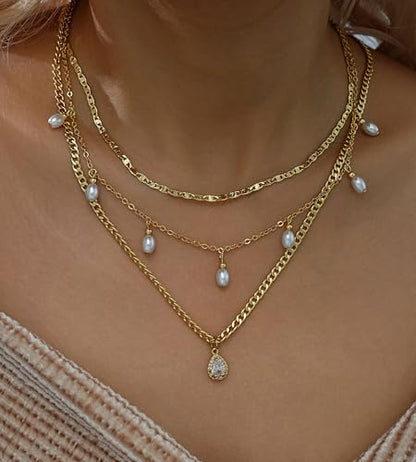 YEEZII Layered Gold Necklaces for Women Trendy, 3 Pcs 14K Gold Plated Choker Paperclip Box Chain Necklace, Stackable Women's Gold Pendant Necklaces Jewelry Set - color: Gold-3 Pcs-Pearl