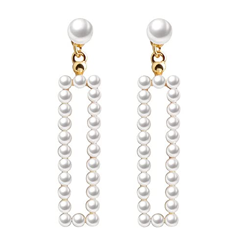 Pearl Clip on Earrings for Women Drop Clip Earrings for Women Gold Plated White Imitation Pearl Earrings Fashion - color: Rectangle Pearl