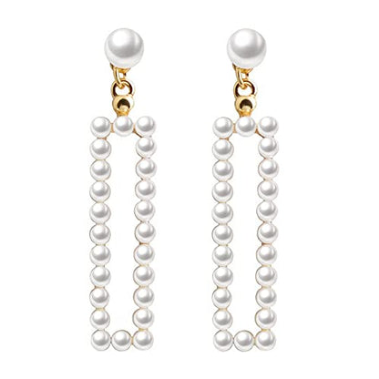 Pearl Clip on Earrings for Women Drop Clip Earrings for Women Gold Plated White Imitation Pearl Earrings Fashion - color: Rectangle Pearl
