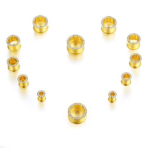 WBRWP 2pcs Hollow Gold Stainless Steel with Zircon Ear Plugs Tunnels - Ear Expander - Ear Gauges Stretcher Body Piercing Jewelry 8g-5/8 - color: Gold with CZ