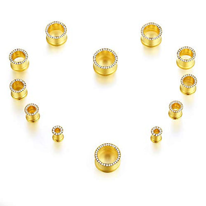 WBRWP 2pcs Hollow Gold Stainless Steel with Zircon Ear Plugs Tunnels - Ear Expander - Ear Gauges Stretcher Body Piercing Jewelry 8g-5/8 - color: Gold with CZ