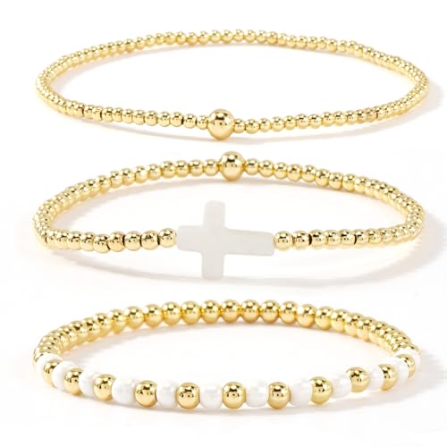14K Gold Plated Beaded 3Pcs Stack Bracelets for Women, Dainty Trendy Freshwater Stackable Pearl Paperclip Cross Chain Gold Balls Stretch Accessories Jewelry Vacation Gift - color: white