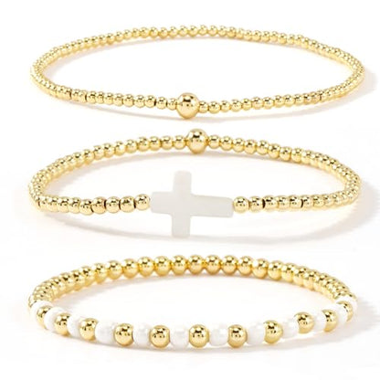 14K Gold Plated Beaded 3Pcs Stack Bracelets for Women, Dainty Trendy Freshwater Stackable Pearl Paperclip Cross Chain Gold Balls Stretch Accessories Jewelry Vacation Gift - color: white