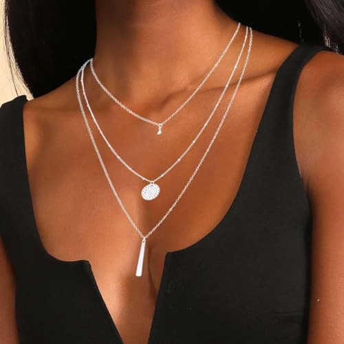 Yalice Dainty Gold/Silver Layered Necklace Chain for Women Sequins Bar Pendant Trendy Jewelry Gift - color: Silver