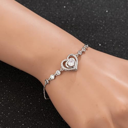 14K White Gold Plated Heart Bracelet for Women, Zircon Inlay Love Heart Charm Chain Bracelet Bangle with Adjustable Length - color: silver-white