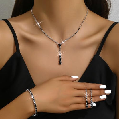 MIFYNN Rhinestone Wedding Set for Women Sparkle Crystal Earrings Necklace Bracelet Jewelry Set Wedding Party Prom Jewelry Set for Brides Bridesmaid - color: Black