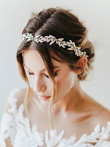 SWEETV Leaf Wedding Headpieces for Bride Flower Girl Gold Bridal Headband with Rhinestones Women Handmade Hair Accessories - color: Gold
